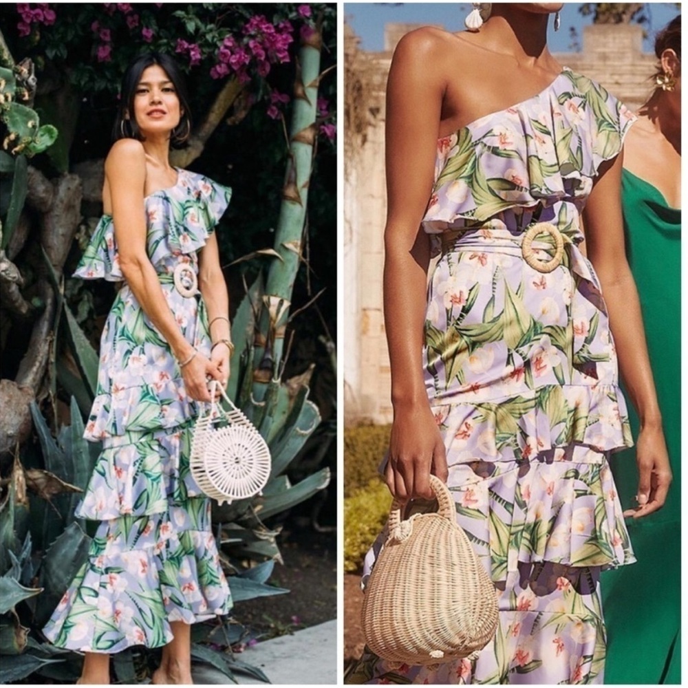 PatBo Floral One Shoulder Belted Ruffle Midi Dress Purple Summer Cocktail Party